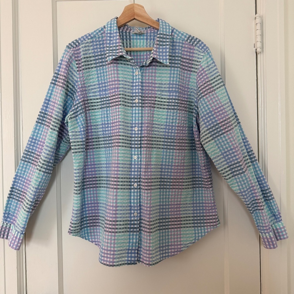 LL Bean Seersucker Gingham Plaid Button Down Shirt Blue Purple XL: Classic